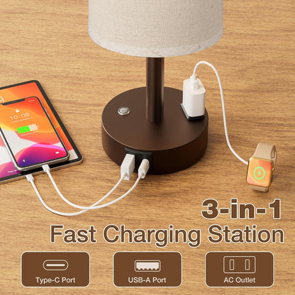 Touch Bedside Table Lamp for Bedroom, Stepless Dimmable, USB A+C, AC Outlet