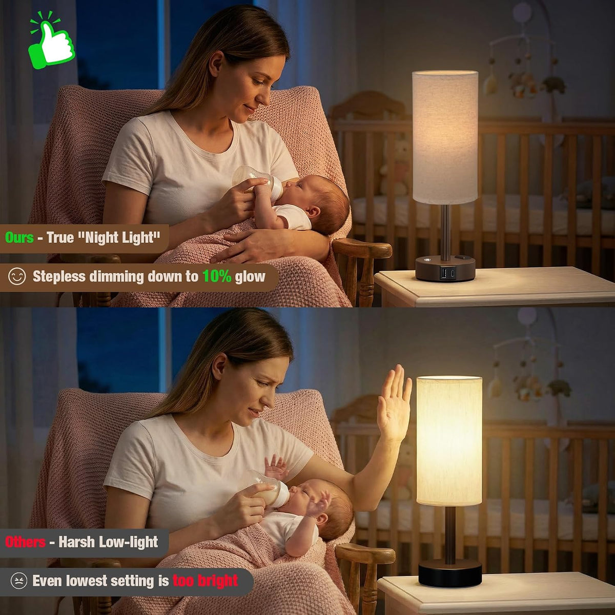 Touch Bedside Table Lamp for Bedroom, Stepless Dimmable, USB A+C, AC Outlet