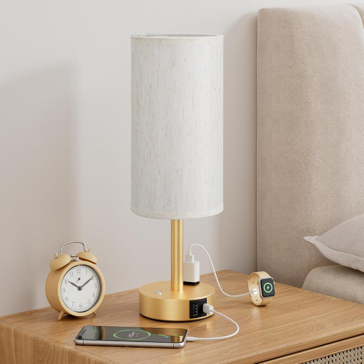 Touch Bedside Table Lamp for Bedroom, Stepless Dimmable, USB A+C, AC Outlet