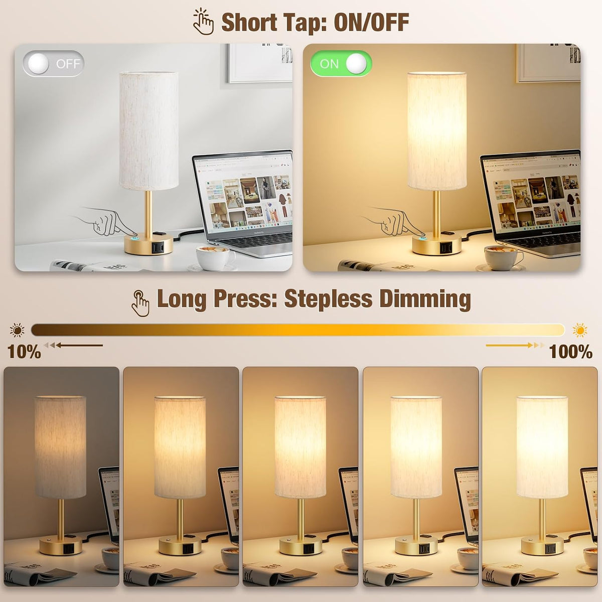 Touch Bedside Table Lamp for Bedroom, Stepless Dimmable, USB A+C, AC Outlet