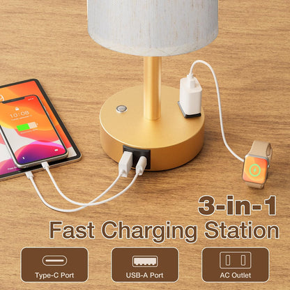 Touch Bedside Table Lamp for Bedroom, Stepless Dimmable, USB A+C, AC Outlet