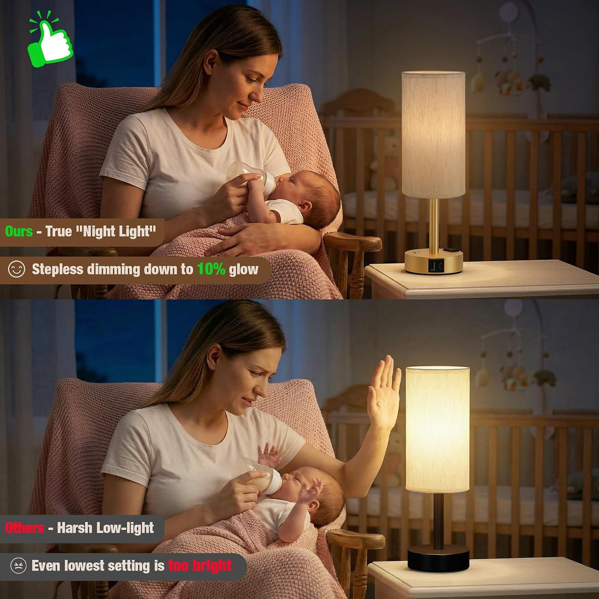 Touch Bedside Table Lamp for Bedroom, Stepless Dimmable, USB A+C, AC Outlet