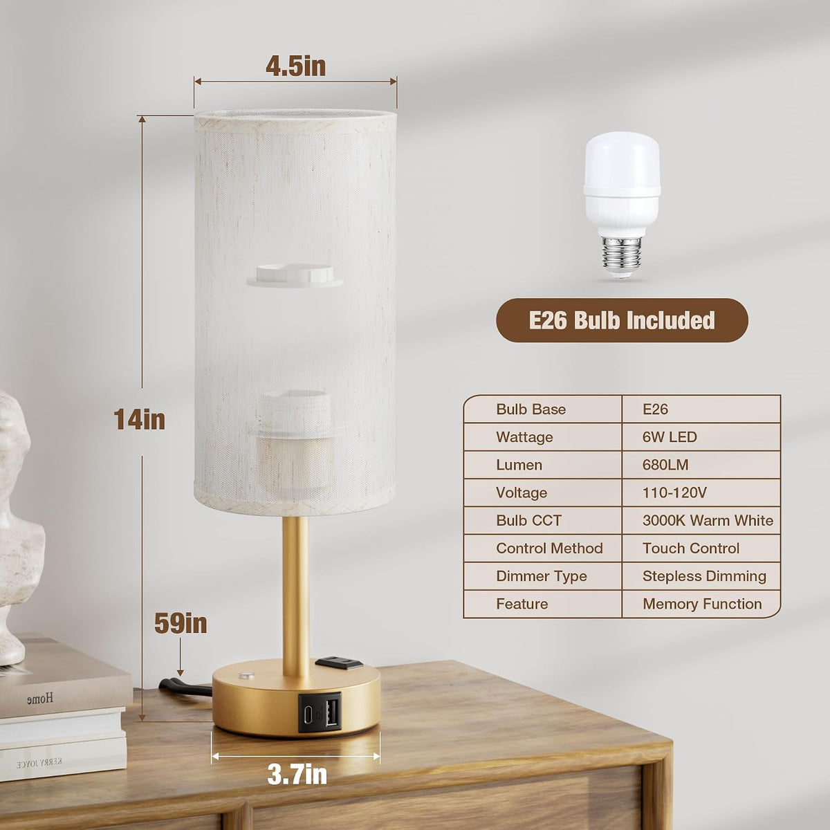 Touch Bedside Table Lamp for Bedroom, Stepless Dimmable, USB A+C, AC Outlet