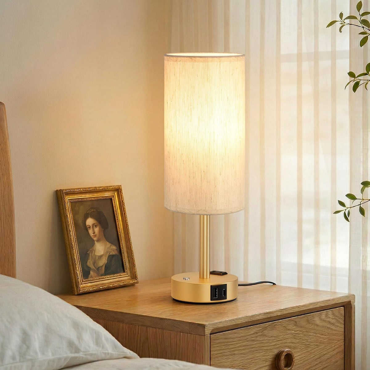 Touch Bedside Table Lamp for Bedroom, Stepless Dimmable, USB A+C, AC Outlet