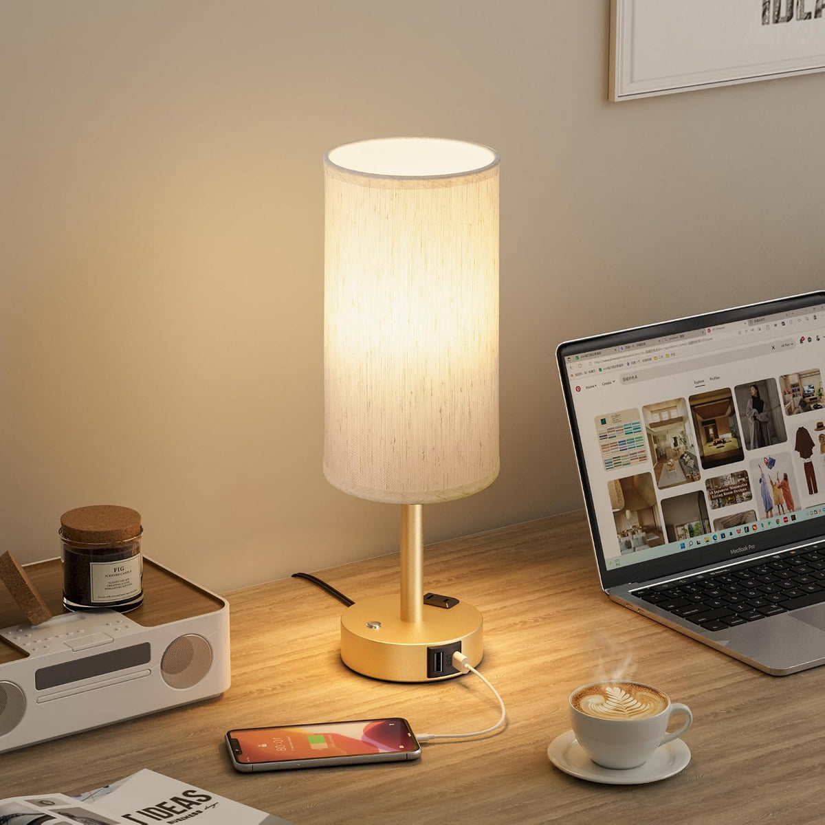 Touch Bedside Table Lamp for Bedroom, Stepless Dimmable, USB A+C, AC Outlet