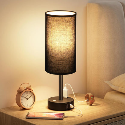 Touch Bedside Table Lamp for Bedroom, Stepless Dimmable, USB A+C, AC Outlet
