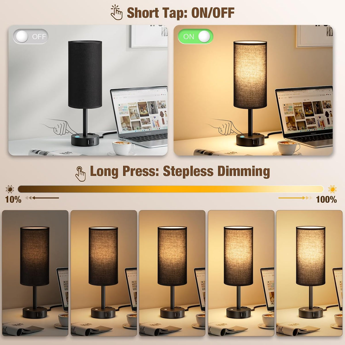 Touch Bedside Table Lamp for Bedroom, Stepless Dimmable, USB A+C, AC Outlet