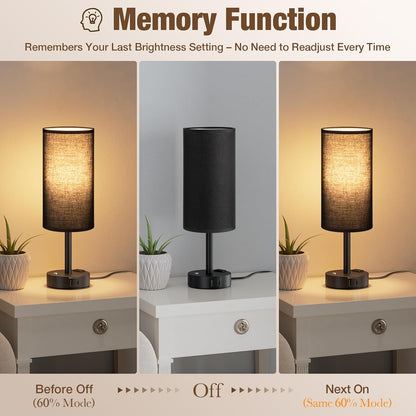 Touch Bedside Table Lamp for Bedroom, Stepless Dimmable, USB A+C, AC Outlet