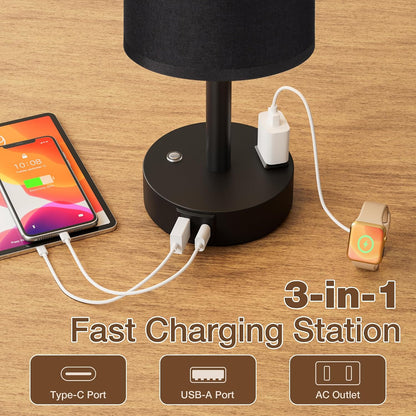 Touch Bedside Table Lamp for Bedroom, Stepless Dimmable, USB A+C, AC Outlet