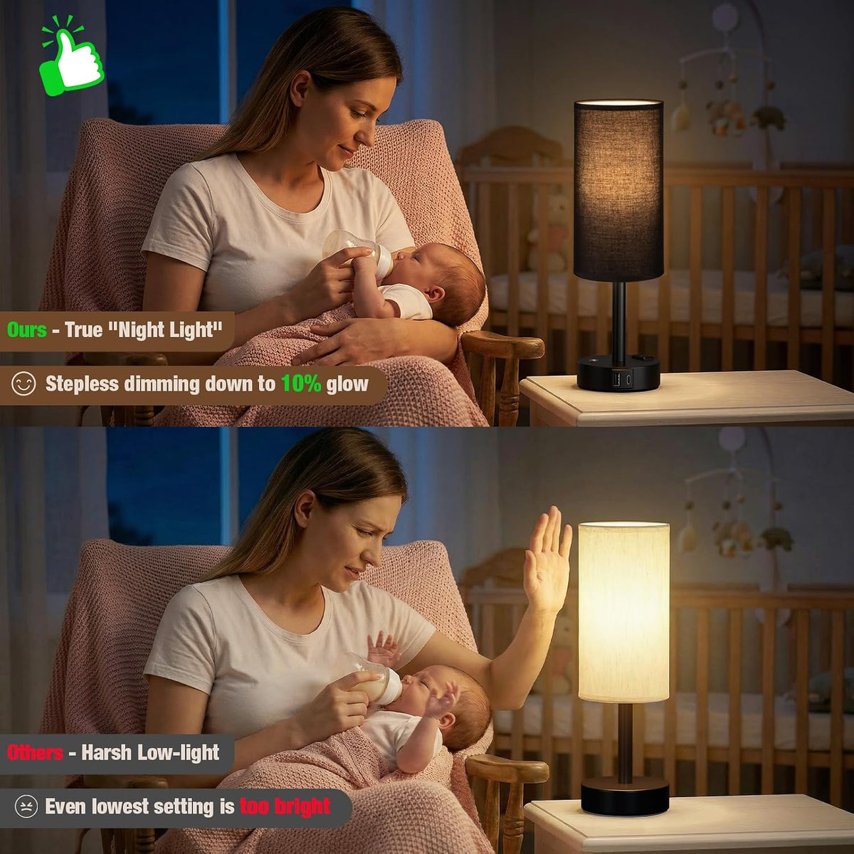 Touch Bedside Table Lamp for Bedroom, Stepless Dimmable, USB A+C, AC Outlet