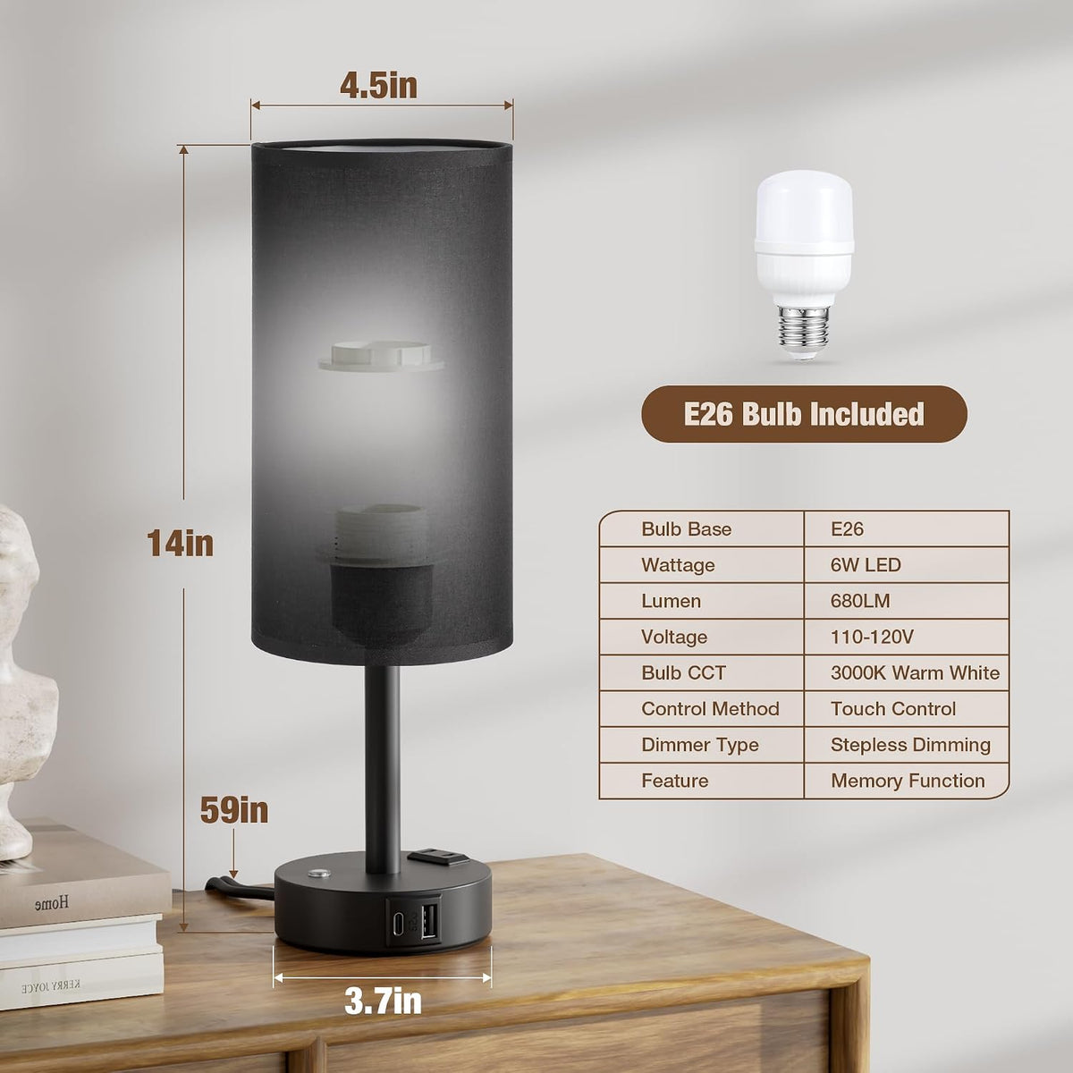 Touch Bedside Table Lamp for Bedroom, Stepless Dimmable, USB A+C, AC Outlet