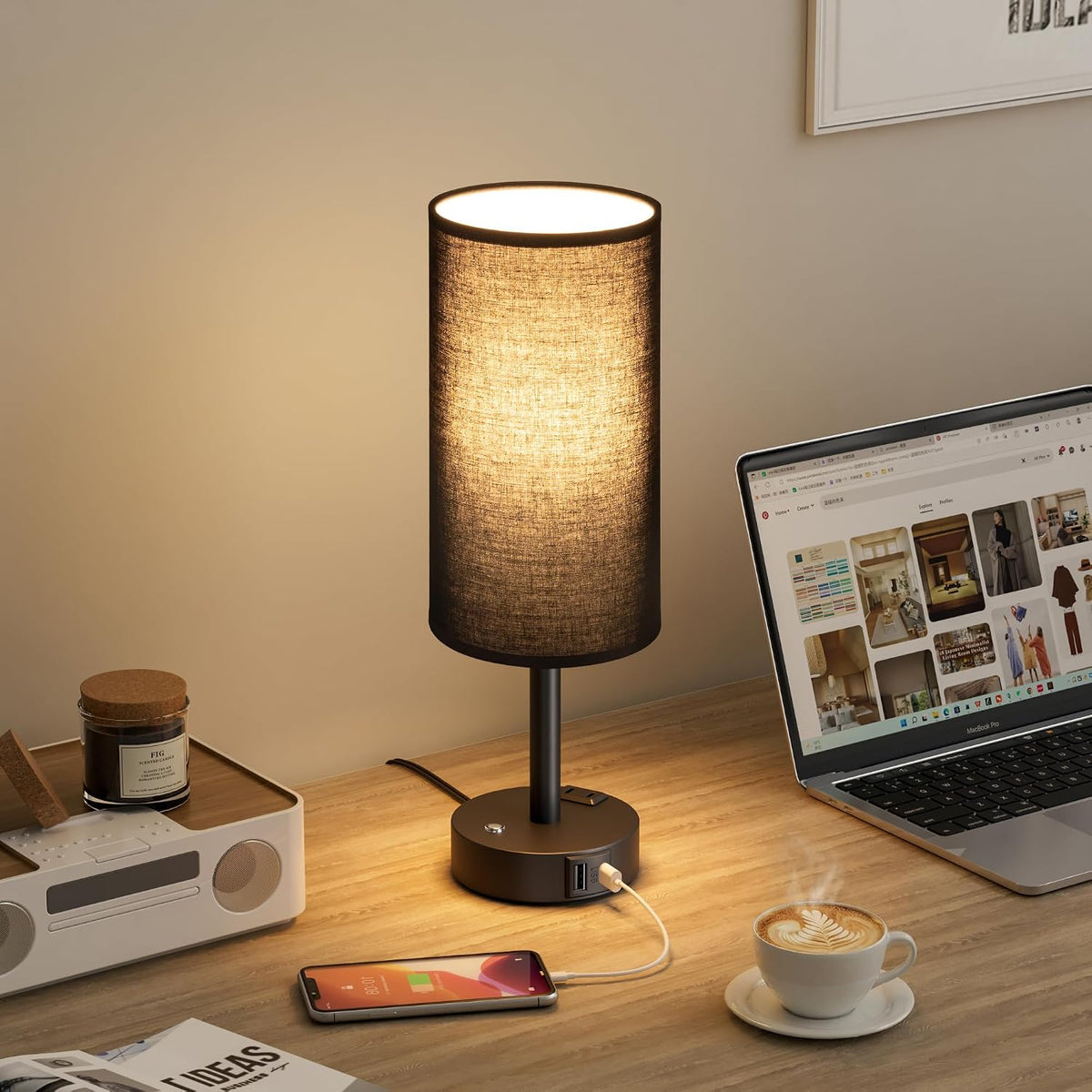 Touch Bedside Table Lamp for Bedroom, Stepless Dimmable, USB A+C, AC Outlet