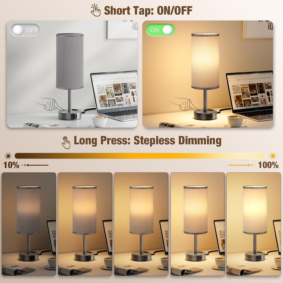 Touch Bedside Table Lamp for Bedroom, Stepless Dimmable, USB A+C, AC Outlet