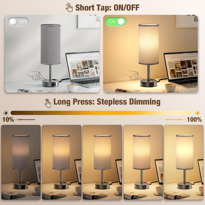 Touch Bedside Table Lamp for Bedroom, Stepless Dimmable, USB A+C, AC Outlet