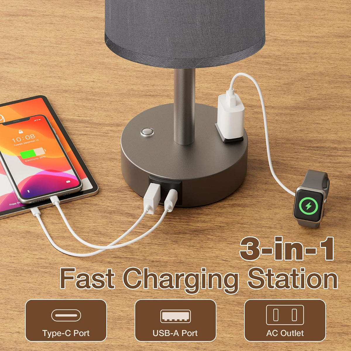 Touch Bedside Table Lamp for Bedroom, Stepless Dimmable, USB A+C, AC Outlet