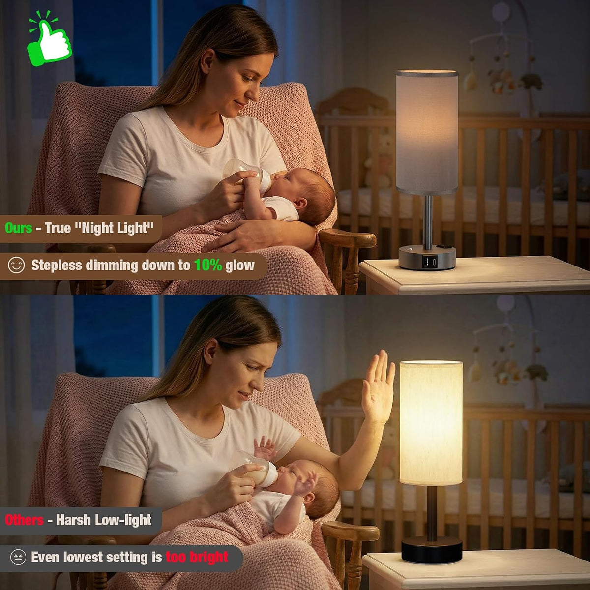 Touch Bedside Table Lamp for Bedroom, Stepless Dimmable, USB A+C, AC Outlet