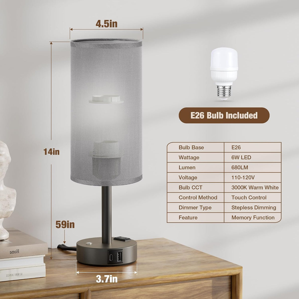Touch Bedside Table Lamp for Bedroom, Stepless Dimmable, USB A+C, AC Outlet