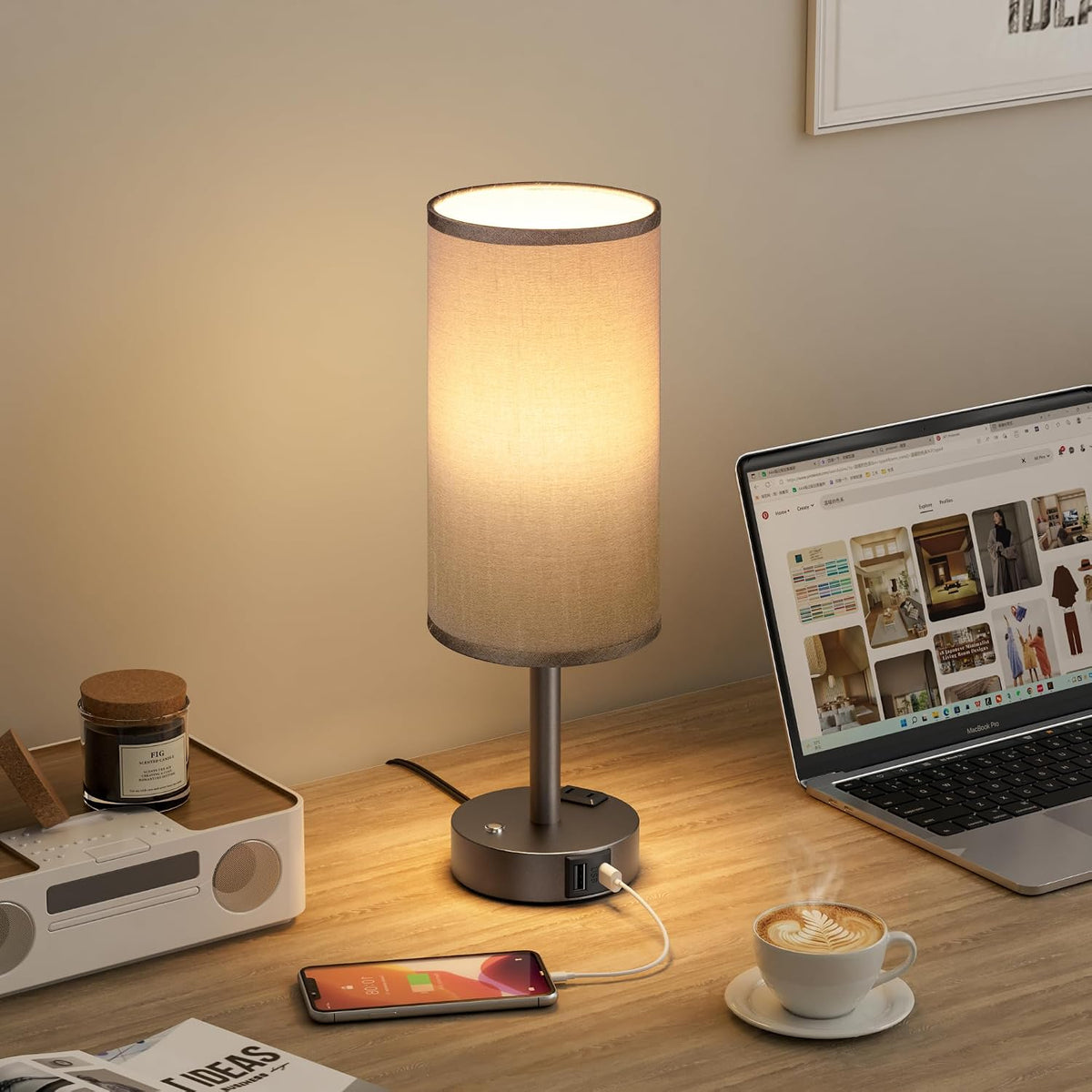 Touch Bedside Table Lamp for Bedroom, Stepless Dimmable, USB A+C, AC Outlet