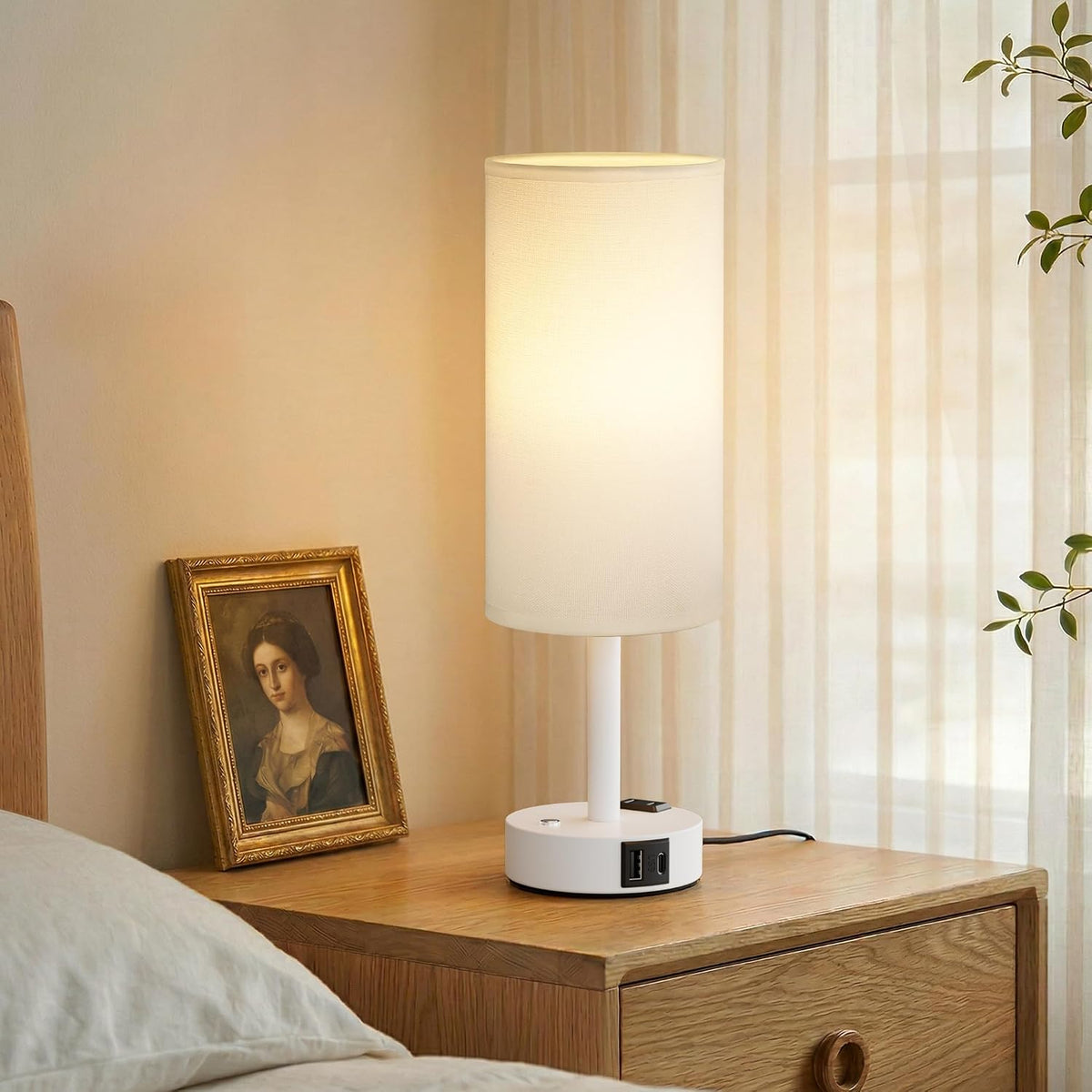 Touch Bedside Table Lamp for Bedroom, Stepless Dimmable, USB A+C, AC Outlet