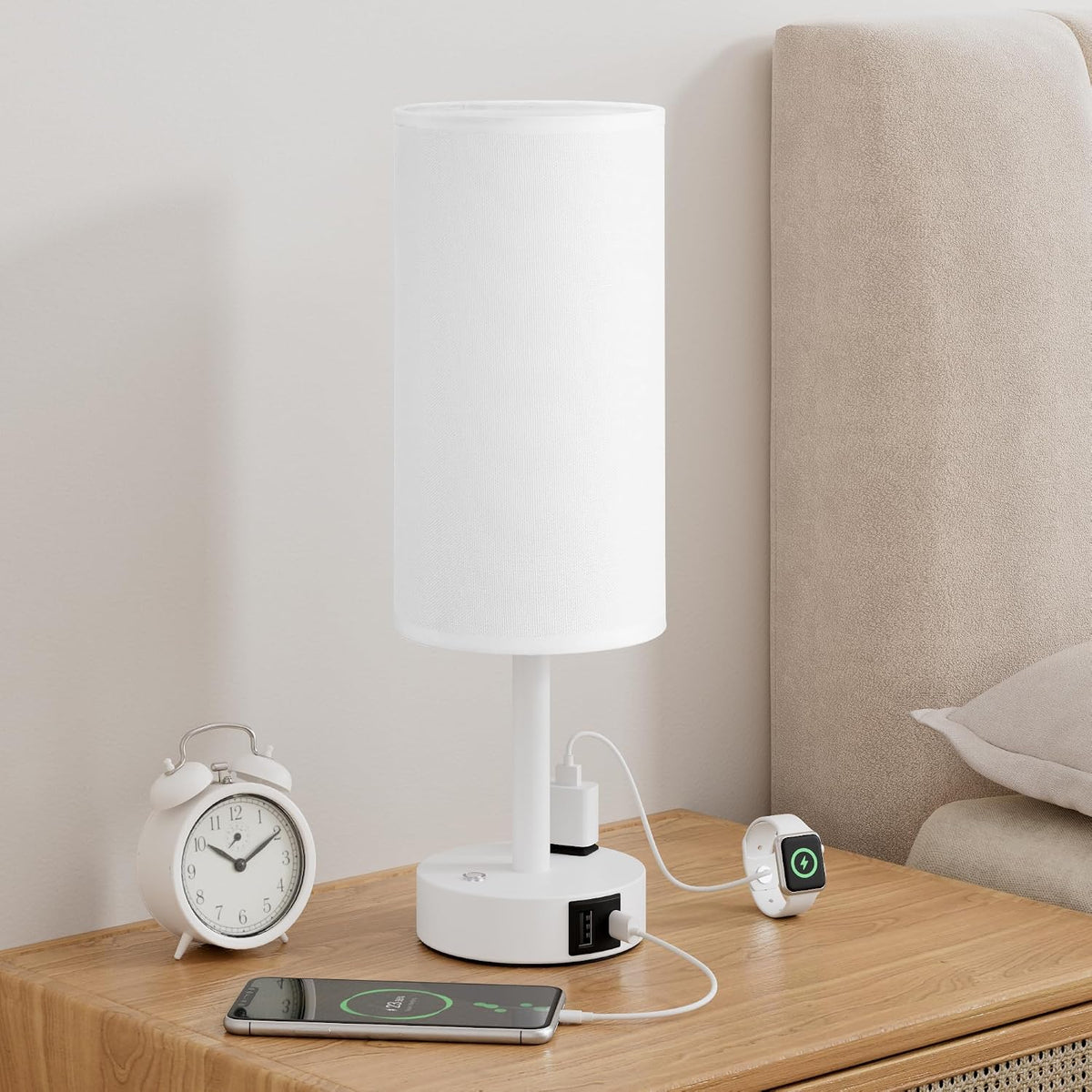 Touch Bedside Table Lamp for Bedroom, Stepless Dimmable, USB A+C, AC Outlet