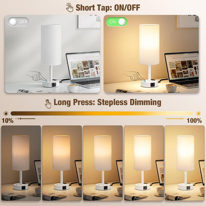 Touch Bedside Table Lamp for Bedroom, Stepless Dimmable, USB A+C, AC Outlet