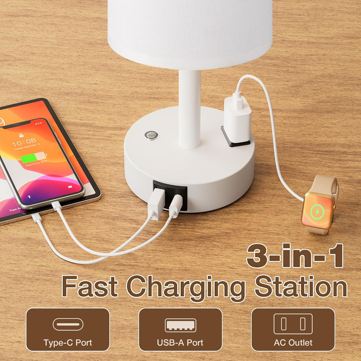 Touch Bedside Table Lamp for Bedroom, Stepless Dimmable, USB A+C, AC Outlet