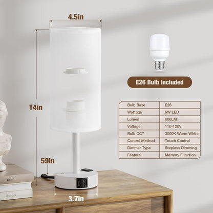 Touch Bedside Table Lamp for Bedroom, Stepless Dimmable, USB A+C, AC Outlet