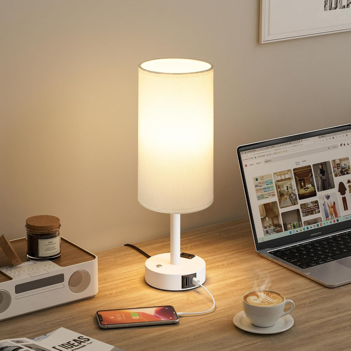 Touch Bedside Table Lamp for Bedroom, Stepless Dimmable, USB A+C, AC Outlet