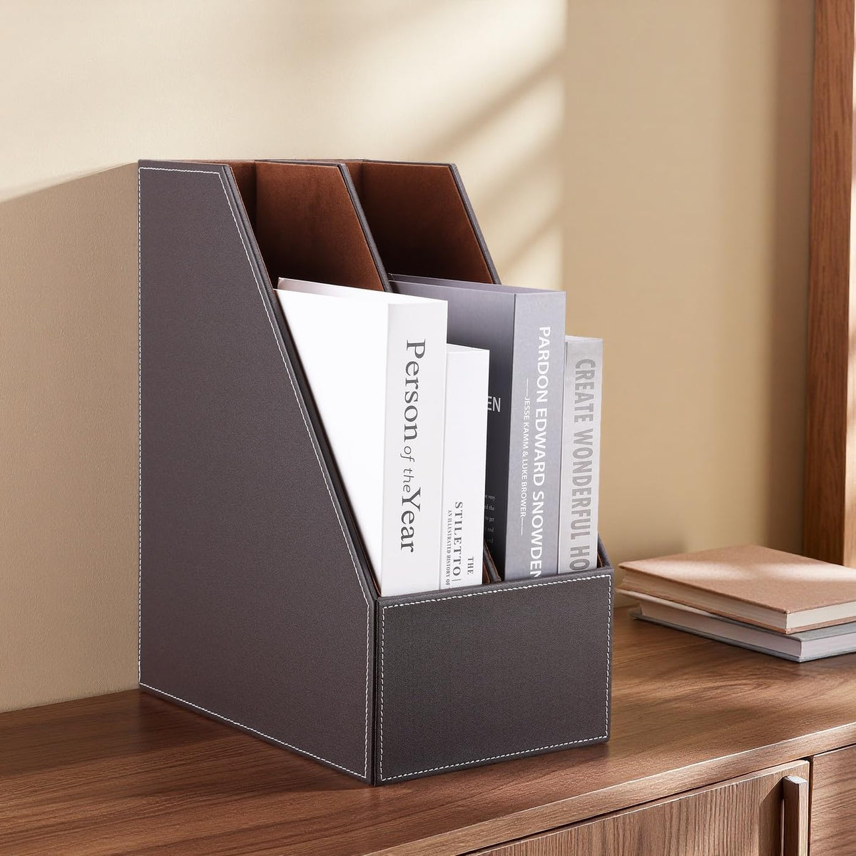 KINGFOM Wooden Leatherette Desktop File Folder Organizer and Document File Stand Journals Magazine Rack 2 Slots (brown)