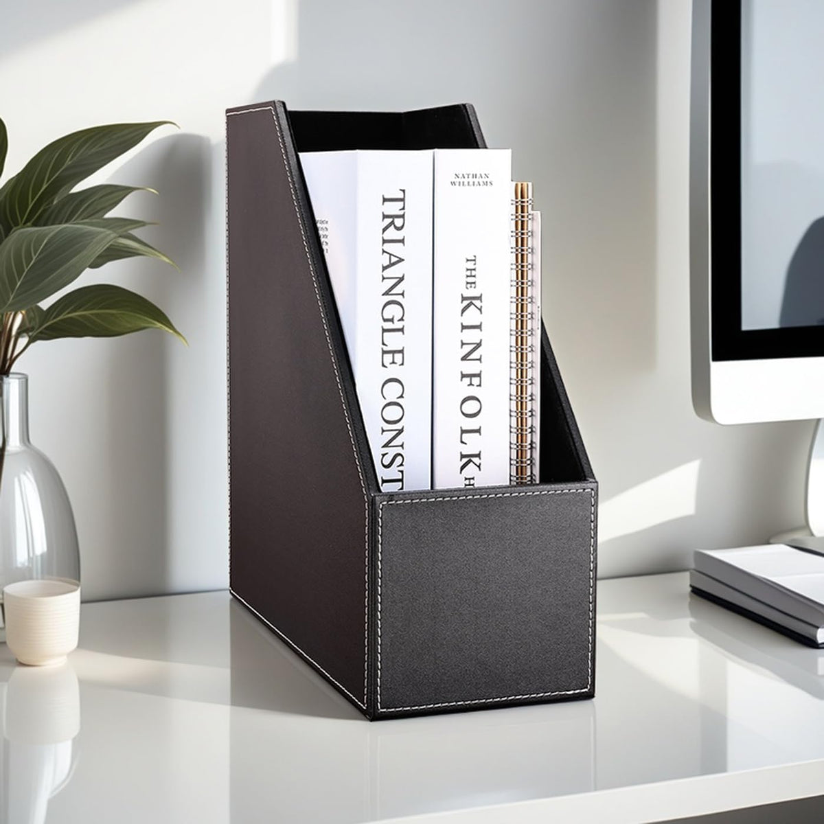 KINGFOM Wooden Leatherette Desktop File Folder Organizer and Document File Stand Journals Magazine Rack 2 Slots (brown)