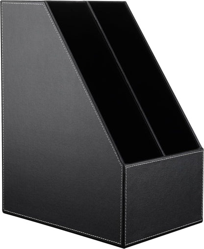 KINGFOM Wooden Leatherette Desktop File Folder Organizer and Document File Stand Journals Magazine Rack 2 Slots (brown)
