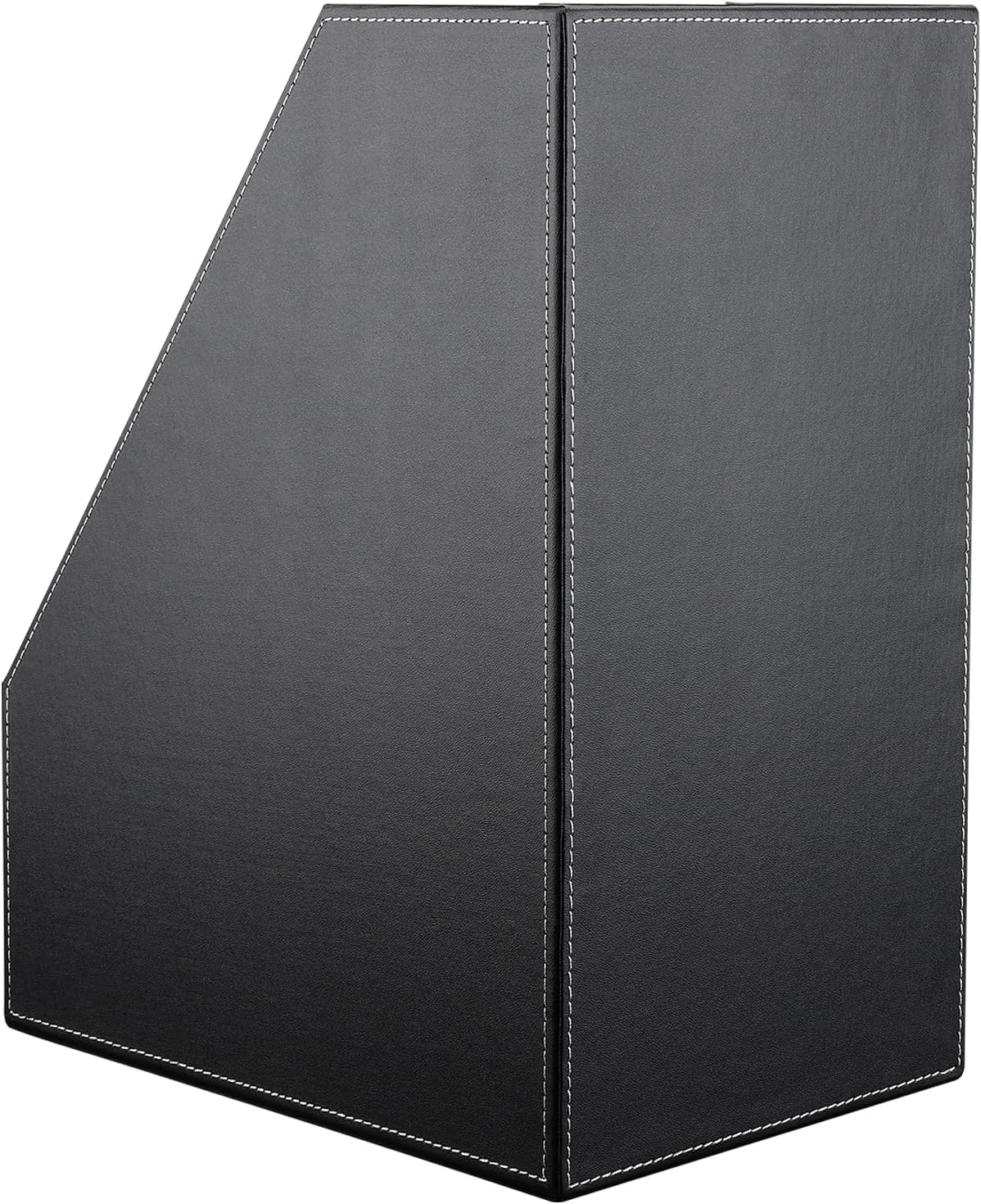 KINGFOM Wooden Leatherette Desktop File Folder Organizer and Document File Stand Journals Magazine Rack 2 Slots (brown)