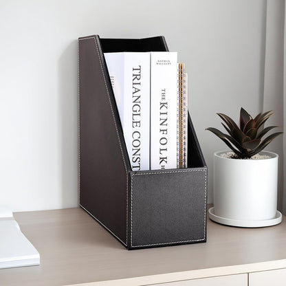 KINGFOM Wooden Leatherette Desktop File Folder Organizer and Document File Stand Journals Magazine Rack 2 Slots (brown)