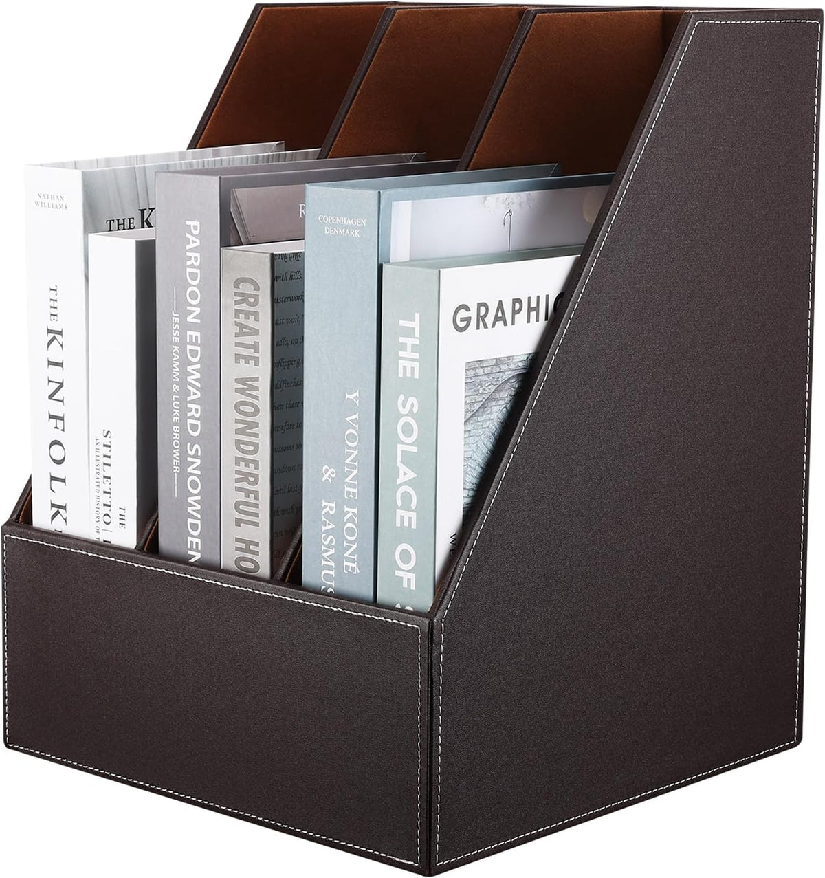 KINGFOM Wooden Leatherette Desktop File Folder Organizer and Document File Stand Journals Magazine Rack 2 Slots (brown)