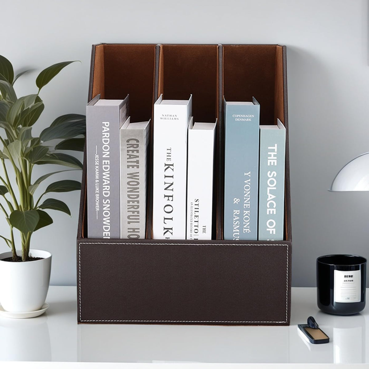 KINGFOM Wooden Leatherette Desktop File Folder Organizer and Document File Stand Journals Magazine Rack 2 Slots (brown)