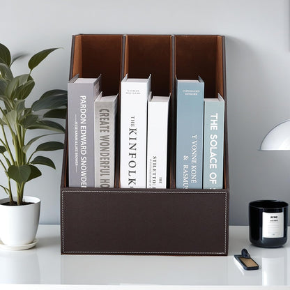 KINGFOM Wooden Leatherette Desktop File Folder Organizer and Document File Stand Journals Magazine Rack 2 Slots (brown)