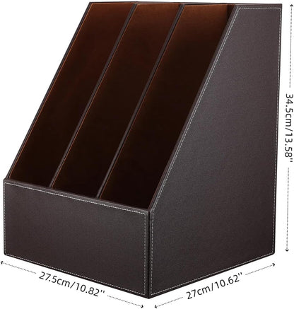 KINGFOM Wooden Leatherette Desktop File Folder Organizer and Document File Stand Journals Magazine Rack 2 Slots (brown)