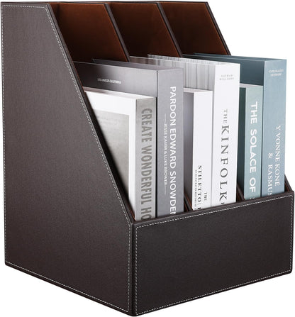 KINGFOM Wooden Leatherette Desktop File Folder Organizer and Document File Stand Journals Magazine Rack 2 Slots (brown)