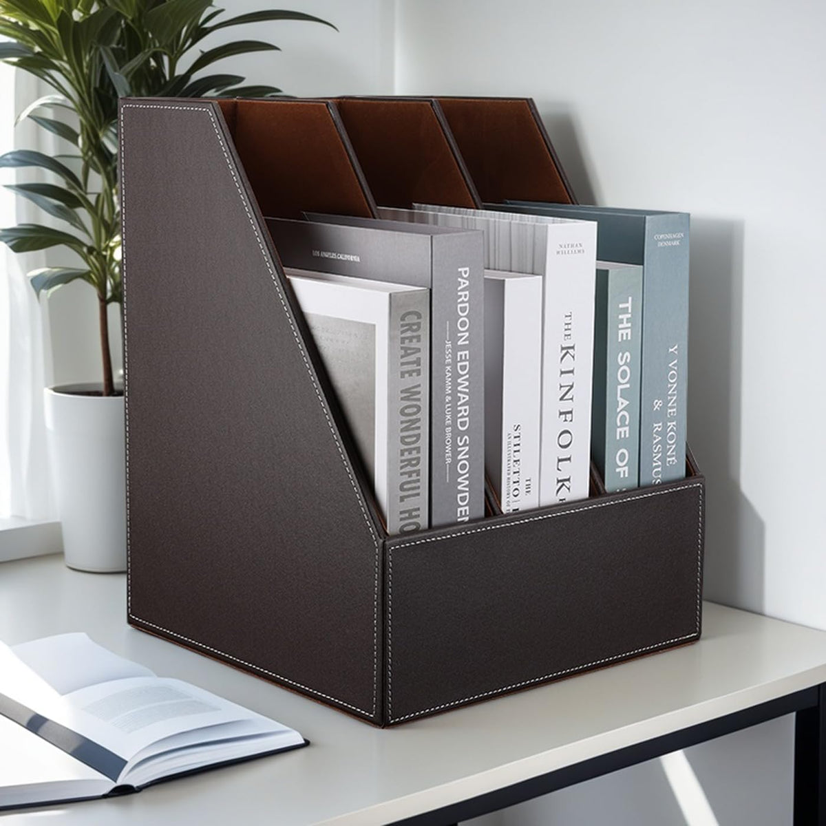 KINGFOM Wooden Leatherette Desktop File Folder Organizer and Document File Stand Journals Magazine Rack 2 Slots (brown)