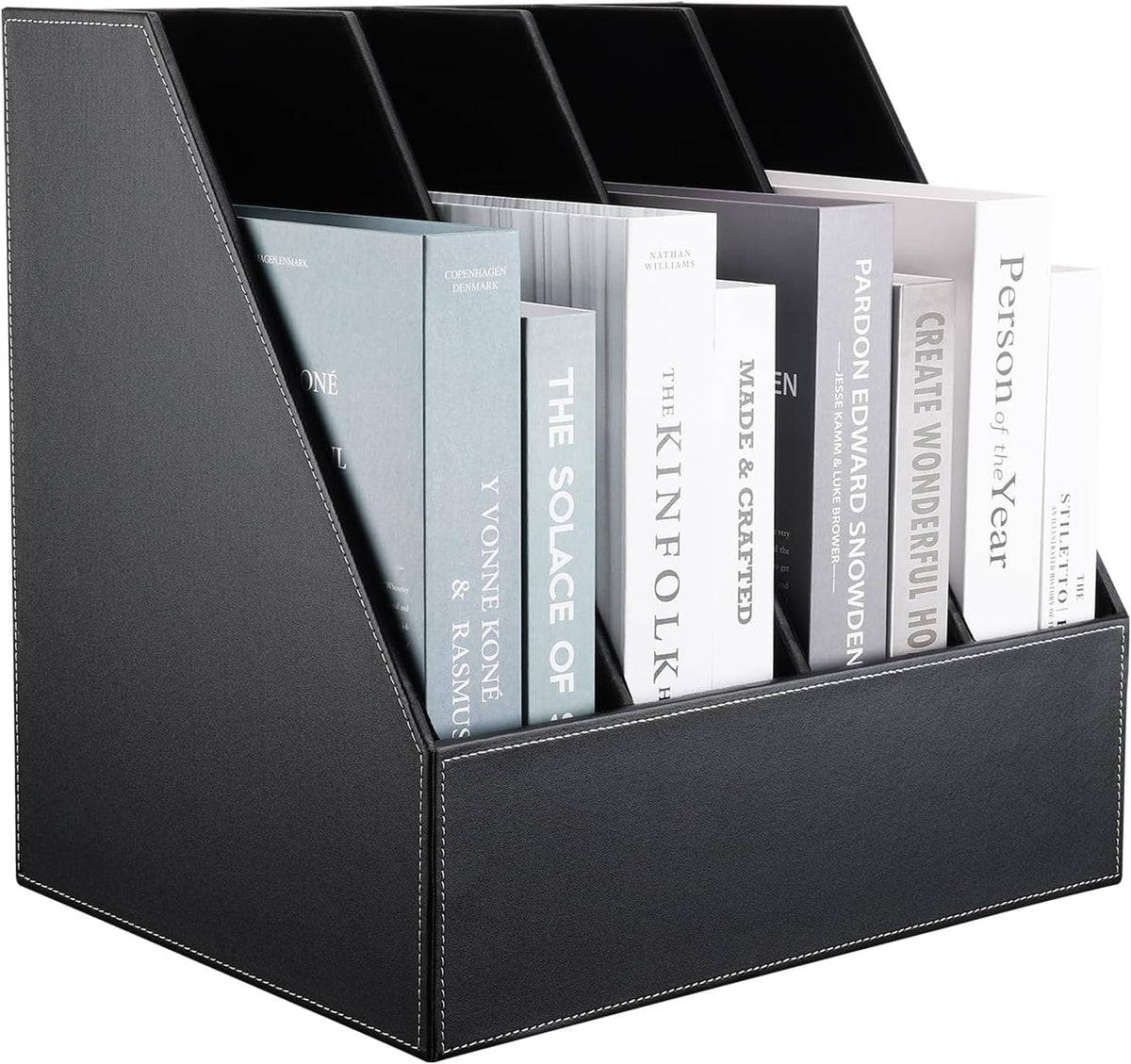 KINGFOM Wooden Leatherette Desktop File Folder Organizer and Document File Stand Journals Magazine Rack 2 Slots (brown)