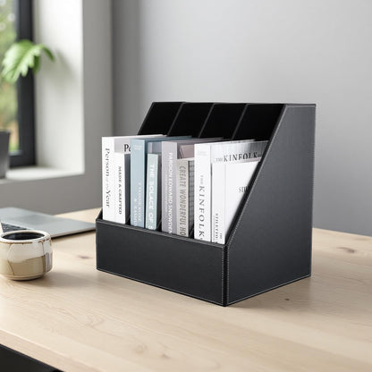 KINGFOM Wooden Leatherette Desktop File Folder Organizer and Document File Stand Journals Magazine Rack 2 Slots (brown)