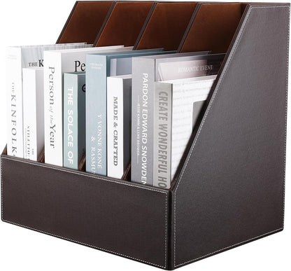 KINGFOM Wooden Leatherette Desktop File Folder Organizer and Document File Stand Journals Magazine Rack 2 Slots (brown)