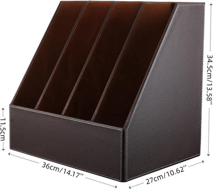KINGFOM Wooden Leatherette Desktop File Folder Organizer and Document File Stand Journals Magazine Rack 2 Slots (brown)