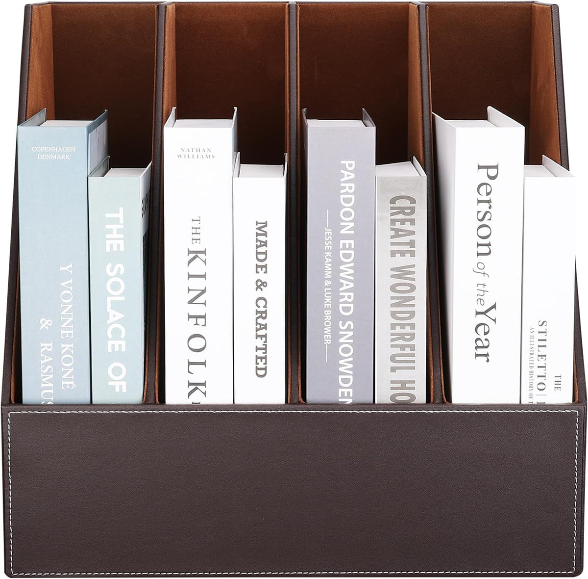 KINGFOM Wooden Leatherette Desktop File Folder Organizer and Document File Stand Journals Magazine Rack 2 Slots (brown)