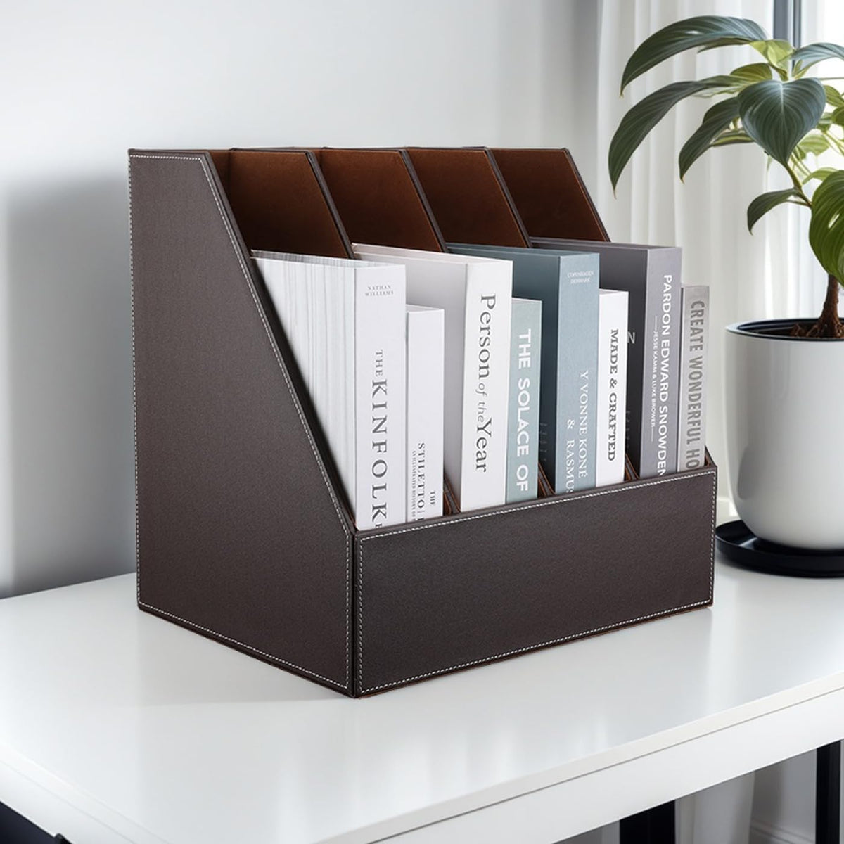 KINGFOM Wooden Leatherette Desktop File Folder Organizer and Document File Stand Journals Magazine Rack 2 Slots (brown)