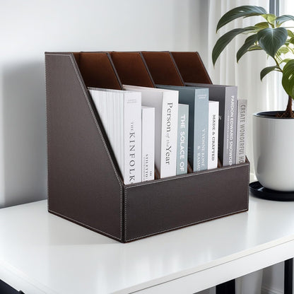 KINGFOM Wooden Leatherette Desktop File Folder Organizer and Document File Stand Journals Magazine Rack 2 Slots (brown)