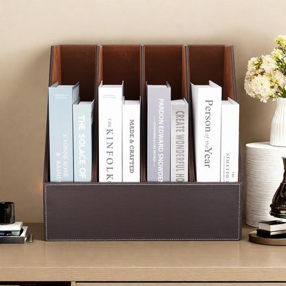 KINGFOM Wooden Leatherette Desktop File Folder Organizer and Document File Stand Journals Magazine Rack 2 Slots (brown)