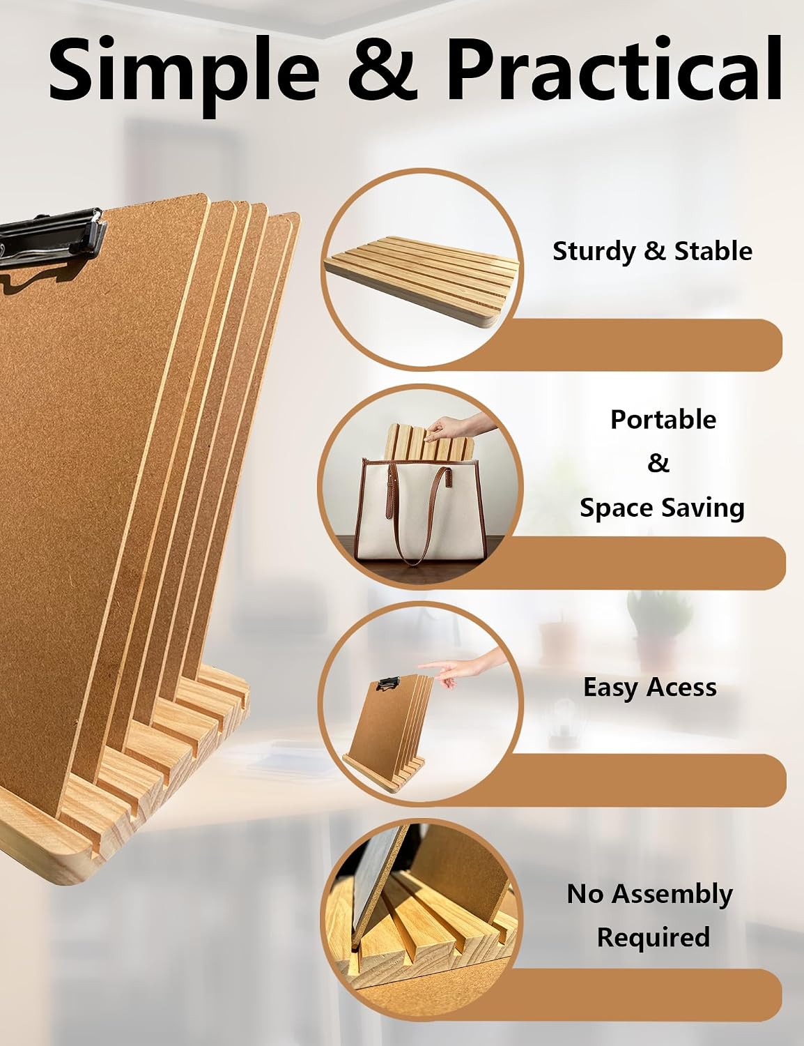 Clipboard Holder, Wood Clipboard Organizer Display Stand, Document Typing Paper Stand, Receipt Holder, White Board Storage Rack Organizer for Home Classroom Must Haves, Office, No Assembly Required