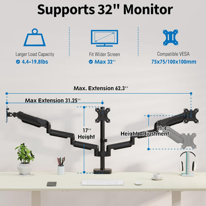 Triple Monitor Desk Mount for Computer Screens up to 32"