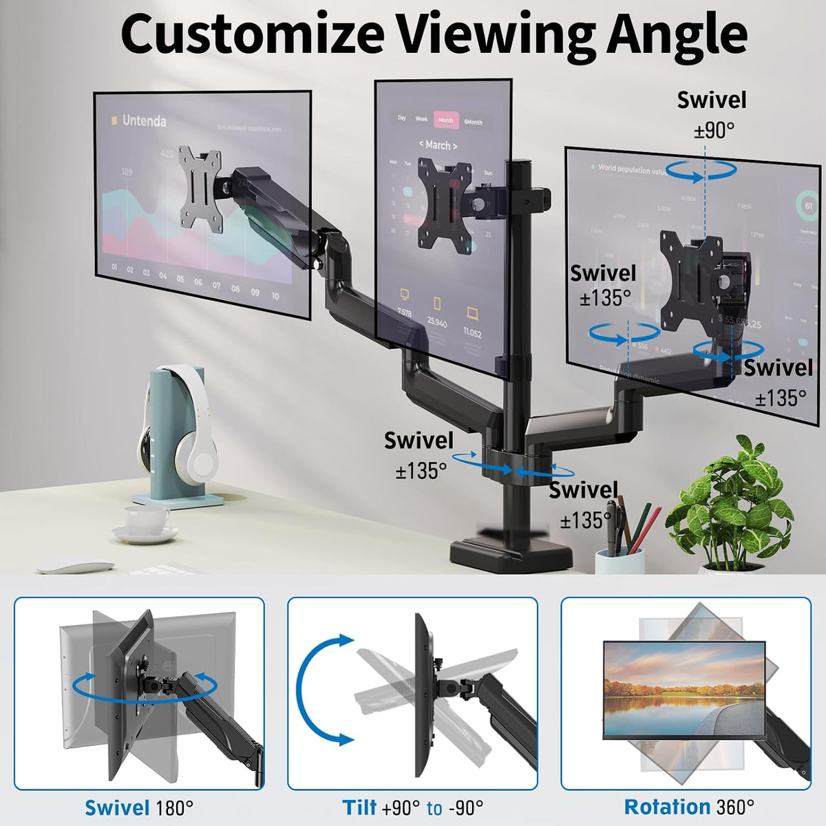 Triple Monitor Desk Mount for Computer Screens up to 32"